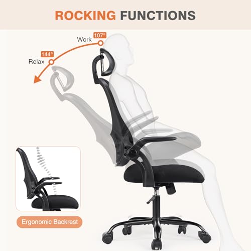 Sweetcrispy Computer Desk Chair, Mesh Office Chair with Lumbar Support | Ergonomic High-Back, Rolling Work, Adjustable Headrests, Flip-up Arms, Home Bedroom Study, Black - color: Black, style: Flip-up Armrest