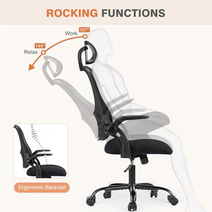 Sweetcrispy Computer Desk Chair, Mesh Office Chair with Lumbar Support | Ergonomic High-Back, Rolling Work, Adjustable Headrests, Flip-up Arms, Home Bedroom Study, Black - color: Black, style: Flip-up Armrest