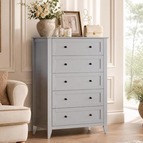 GarveeHome 5 Chest of Drawer Dresser, Grey | Wood Storage Organizer Cabinet with Drawers for Bedroom, Tall Dresser Nightstand for Living Room, Entryway - color: Grey, size: 15.7"D x 31.5"W x 42.5"H (5 Drawers)