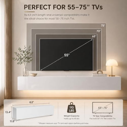 63" Floating TV Stands for Living Room w/ Storage, LED Entertainment Center | Fits TVs up to 70", Glossy Front, Hidden Storage, Wall Mounted, Cable Management, RGB LED, Easy to Clean, Modern Style - color: White