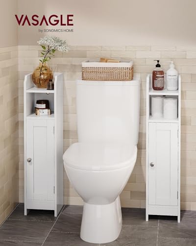 VASAGLE Small Storage Corner Floor Cabinet with Door，Cloud White | Narrow Toilet Paper Storage Holder, 7.1 x 7.5 x 31.5 Inches, Adjustable Shelves, SIREN Collection UBBC310W01 - color: Cloud White, style: 1door+1open compartment (31.5"H)
