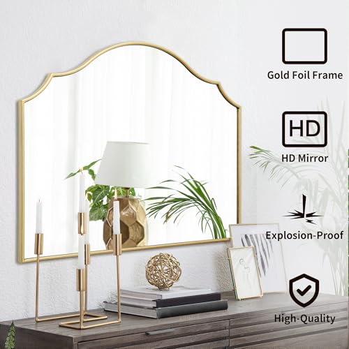 Besdomus Gold Scalloped Dresser Mirror: 35"x26" Wooden Bathroom Mirror | Modern Minimalist Decorative Arched Wall Mirror for Vanity/Mantel/Bedroom/Entryway/Fireplace/Nightstand/Dining Room/Over Sink - color: Gold Leaf, size: 26"L x 35"W
