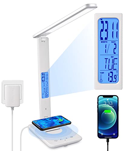 LED Desk Lamp with Wireless Charger, Suitable for Home, Office Dimmable, with USB Charging Port, Built-in Clock, Calendar, Thermometer and Automatic Timing Reading Desk Lamp. - color: White