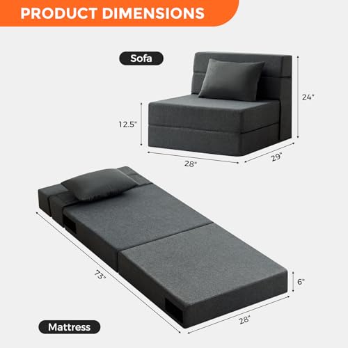 Folding Sofa Bed - Convertible Sleeper Chair with Pillow, Folding Chair Bed, Foam Floor Mattress, Futon Couch, Lazy Sofa for Living Room/Dorm/Guest Room/Home Office,Single，Gray