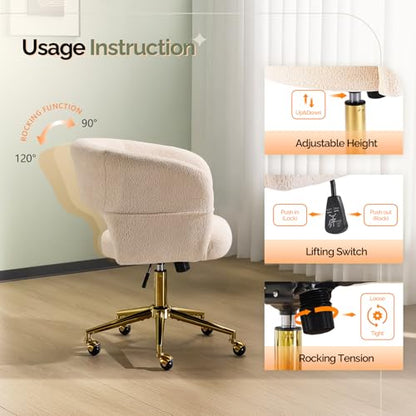 VINGLI Modern Curved Office & Vanity Desk Chair, Cute Upholstered Nail Chair with Wheels & 360° Swivel & Club & Tilting & Gold Base, for Living Room,Bedroom,Makeup, Velvet Chenille, Beige - color: Beige