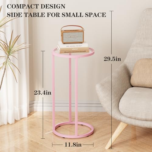 Easy Paws C Table Side End Table, Small Round Couch Sofa Tray Snack Table for Living Room, Bedroom,Accent Coffee Table,TV Tray Table for Small Space, Nightstand with Metal Frame(Pink) - color: Pink