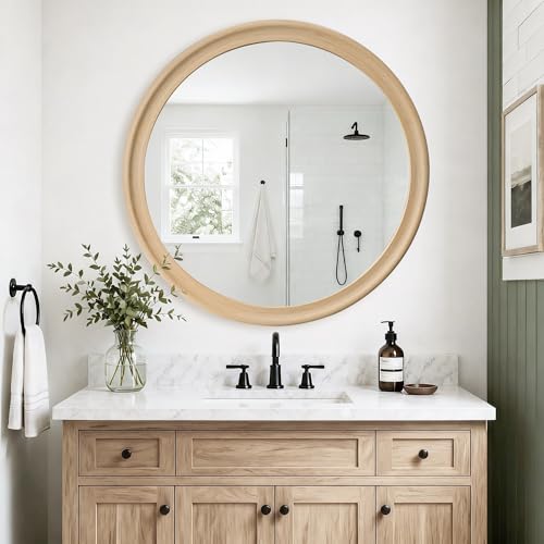Round Wall Mirrors 30 Inch,Natural Rustic Decorative Transitional Mirror | Wood Grain Frame for Wall,Farmhouse Hanging Vanity Mirror for Bathroom Bedroom Living Room or Entryway - color: Natural B, size: 30"L x 30"W
