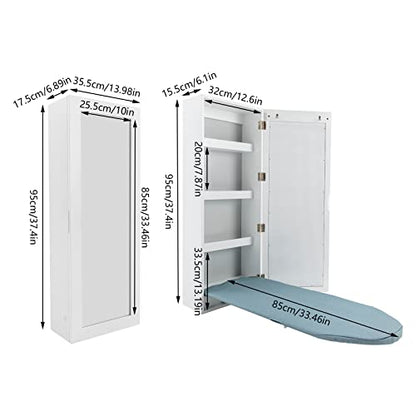 Wall Mounted Ironing Board with Storage Cabinet Built in Swivel Ironing Board with 3Tier Shelf & Dressing Mirror for Home Apartment & Small Spaces