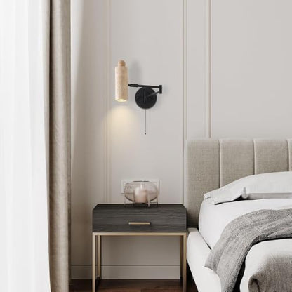 Modern Travertine Stone Wall Sconce, Adjustable Swing Arm Wall Lamp, Black Metal Base Pull Chain Switch Bedside Reading Spotlight for Bedroom Study Room Bedside - color: Natural