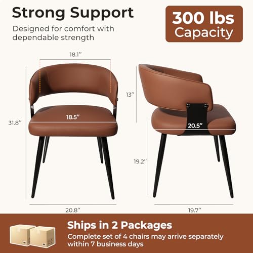 Dining Chairs Set of 4, Modern Upholstered Faux Leather Kitchen Chairs with Curved Back, Easy to Assemble & Clean for Dining Room, Restaurant, Cafe, Brown | Faux Leather Upholstery, Curved Back, Metal Legs, Easy Clean, Dining Room, Kitchen, Breakfast Nook