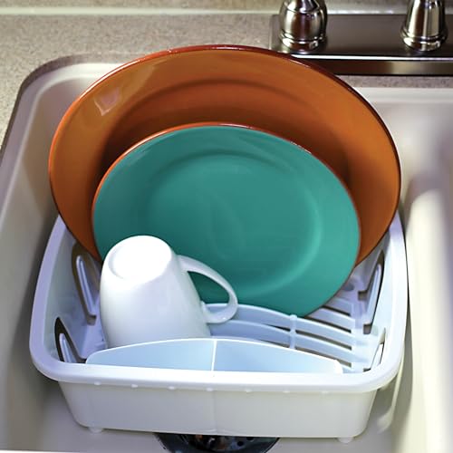 Camco RV Mini Dish Drainer & Tray - Features a Sloped Drain Tray Design, Heavy-Duty Construction - Ideal for Small Spaces, Apartments, Boats, and More -9.5"L x 11.7"W x 4.75"H - White (43511)