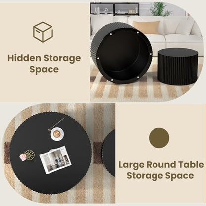 Round Nesting Coffee Table Set of 2, Black | Mid Century Modern Fluted End Table Set,Small Circle Wooden Side Table Drum Table for Living Room Bedroom Apartment - color: Black 27.5"