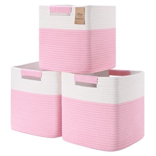 11 Inch Storage Cubes, 3 Pack Cube Storage Bins for Organizing, Cotton Rope Woven Baskets for Shelves, Bathroom, Kids Room, Closets, Baby Nursery - color: Pink, size: 11"×11"×11" - 3Pcs