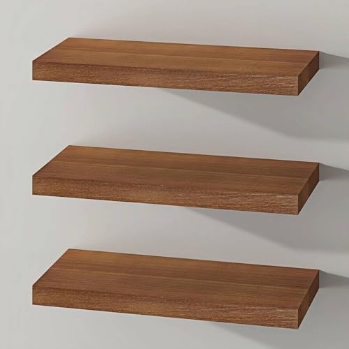 SAUMONIERES Floating Shelves Wall Shelf Solid Wood for Bathroom Bedroom Kitchen Storage Set of 3, Walnut Wall Shelves - color: Walnut, size: 16 Inch-3 shelves