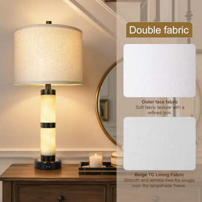 KIVDITZO Alabaster Table Lamps Set of 2 with Night Light with USB A&C Ports | Nightstand Lamp, USB Ports, Alabaster Night Light, Modern Bedside Table Lamp, Bulbs Included, for Bedroom Living Room Office - color: Pure White
