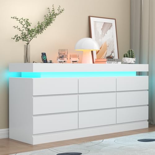 Gyfimoie 9 Drawer Dresser with Power Outlet, Modern Dresser with LED Light | Modern Chest of Drawers for Closet, Wide Drawer Organizer Cabinet for Bedroom,Living Room - color: White, size: 15.8"D x 62.6"W x 32.1"H (9 Drawers)