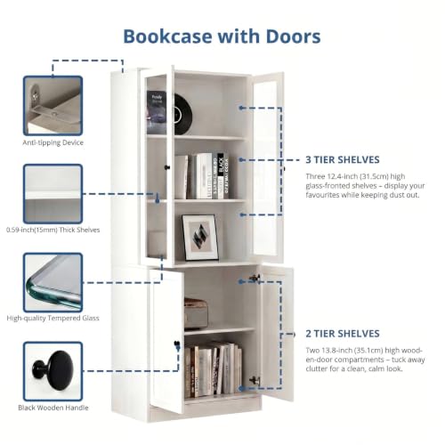 TUSY 71" H Bookcase with Storage | 6-Tier Modern Bookshelf with Drawers, Display Bookcase with Glass Doors, White Curio Cabinet for Home Office, Living Room - color: White