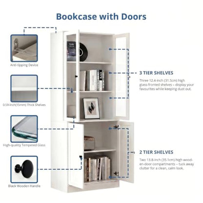 TUSY 71" H Bookcase with Storage | 6-Tier Modern Bookshelf with Drawers, Display Bookcase with Glass Doors, White Curio Cabinet for Home Office, Living Room - color: White