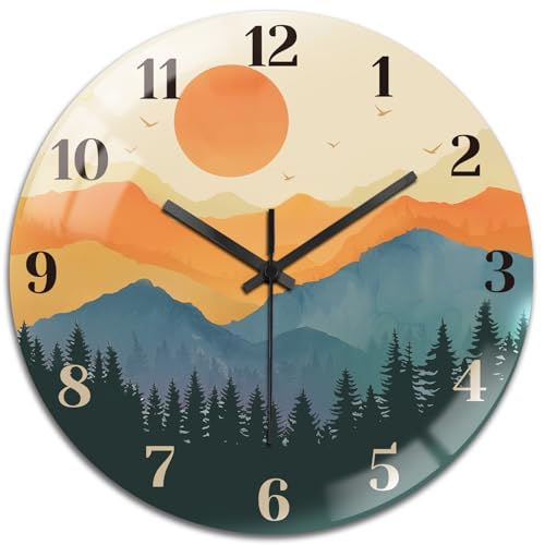 Forests and Sun Wall Clocks Battery Operated, 12" Round Clock | Non Ticking Decorative Clock, Ocean Pattern Glass Design for Living Room, Kitchen, Bedroom & Bathroom Decor - style: Forests and Sun