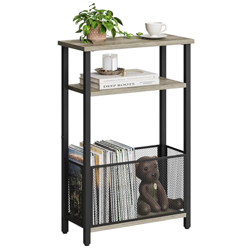 MMEOLUOOK Narrow Side Table with Storage Basket Skinny End Tables for Smalls Spaces 3 Tier Sofa Table Small Nightstand Slim Bedside Table for Living Room Bedroom Oak MLBZ22Q - color: Oak