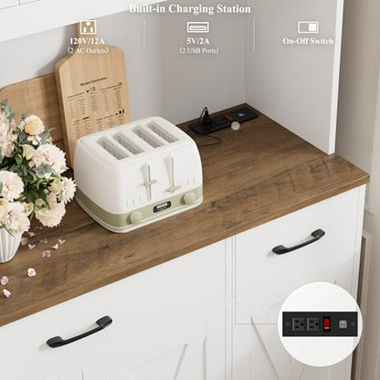 HOSTACK 71" Tall Kitchen Pantry Storage Cabinet, 55" W Kitchen Hutch, White | Large Pantry Cabinet with Charging Station / Countertop / 3 Drawers, Farmhouse Hutch Cabinet with Storage for Dining Room - color: White