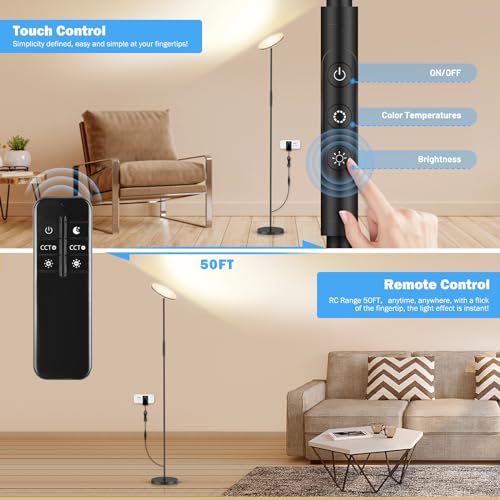 LED Floor Lamp, 3000LM 30W Super Bright Standing Lamp, 300W Equivalent Modern Torchiere Sky Lamp, 2700K-6500K Stepless Dimming with Remote & Touch Control, 69" Tall Lamp for Living Room Bedroom Office