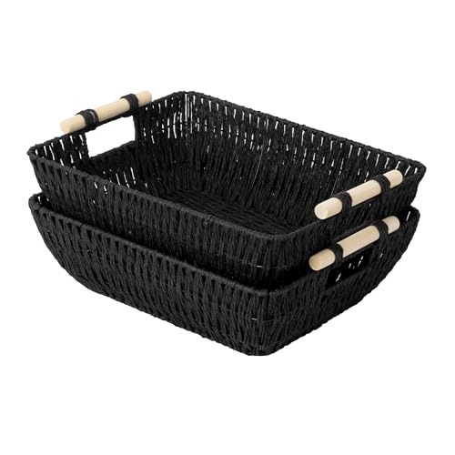 StorageWorks Large Wicker Storage Basket, Paper Rope Storage Baskets, Black | Wicker Storage Baskets for Shelves, Baskets with Wooden Handles, 2-Pack Gifts Basket for Home Decor, Hand-Woven Basket - color: Black, size: Large