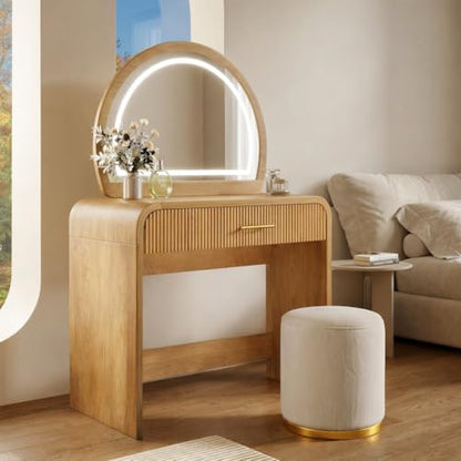 Makeup Vanity Desk with LED Touch Screen Lighted Mirror, Wooden Vanity Table with Drawer, Curved Edge Dressing Table with Removable Mirror for Bedroom (Natural) - color: Natural