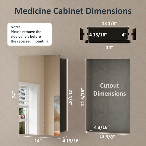 14 x 24 Wall Mounted Medicine Cabinet with Mirror for Bathroom, Black | 13 x 21 Recessed Cabinets for Storage, Adjustable Glass Shelves, Soft-close DTC Hinges, HD Reflection, Pre-assembled - color: Black, size: 13x21