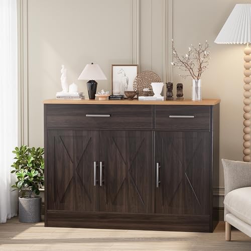 Shintenchi Modern Farmhouse Sideboard Buffet Cabinet,Barn Doors Buffet Cabinet with 2 Drawers & 3 Doors,Wood Coffee Bar Cabinet with Adjustable Shelf for Kitchen Living Room,Brown - color: Brown
