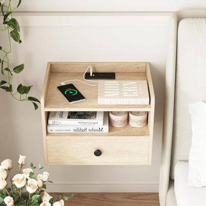 Floating Nightstand Set of 2 Modern Night Stands with Drawer and Open Shelf | Cubby Small Bedside End Table with Charging Station Wall Mounted Nightstands Set 2 for Bedroom Natural - color: Natural