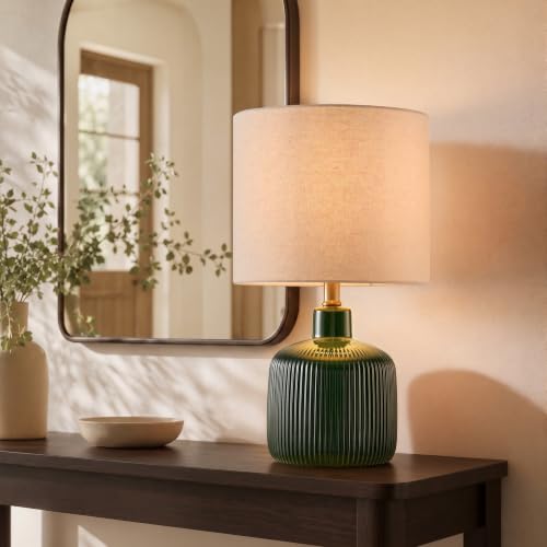 Glazed Ceramic Table Lamp, 17.5" Rustic Farmhouse Bedside Lamp with Beige Linen Shade, Warm Ambient Nightstand Lighting for Bedroom or Living Room, Dark Green Glossy