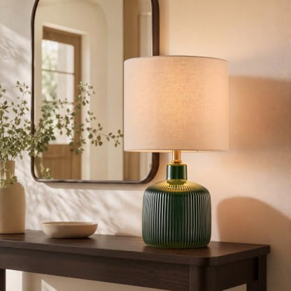 Glazed Ceramic Table Lamp, 17.5" Rustic Farmhouse Bedside Lamp with Beige Linen Shade, Warm Ambient Nightstand Lighting for Bedroom or Living Room, Dark Green Glossy