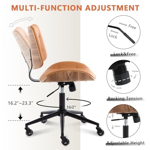Home Office Desk Chair with Rubber Wheels, Armless Bentwood, Brown | Adjustable Height Armless Office Chair, PU Leather Mid Back 360°Small Computer Chair, No Arms Walnut Seating, 300LBS Support - color: Brown, size: Standard Style