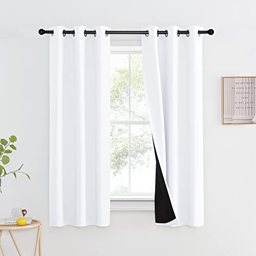 NICETOWN White 100% Blackout Lined Curtain, 2 Thick Layers Completely Blackout Window Treatment Thermal Insulated Drape for Kitchen/Bedroom (1 PC, 37 inches Width x 63 inches Length Each Panel) - color: Pure White, size: 37"W x 63"L (Pack of 1)