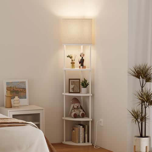 Qupui Floor Lamp with Shelves, 61.5" 5-Tier, 3-Color LED, White | Fabric Shade With Soft Cozy Light. 3 Color Temperatures 12W LED. 5 Tiers, 22 Lbs Each. Durable Composite Panels, Metal Frame - color: 5-Tier White