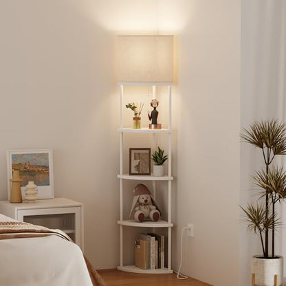 Qupui Floor Lamp with Shelves, 61.5" 5-Tier, 3-Color LED, White | Fabric Shade With Soft Cozy Light. 3 Color Temperatures 12W LED. 5 Tiers, 22 Lbs Each. Durable Composite Panels, Metal Frame - color: 5-Tier White
