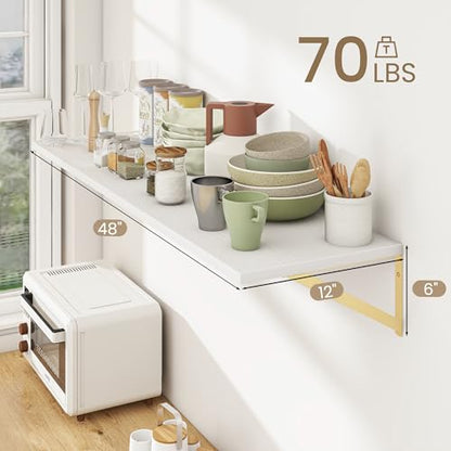 Dreamland Wall Mounted Floating Shelves Set of 2, 36x12, White&Gold | Engineered Wood, Visible Bracket, Large Storage, Hold Up to 60lbs, Living Room, Bathroom, Bedroom, Kitchen - color: White&gold, size: 48"W x 12"D