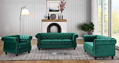 GDFStudio 82.6" Velvet Sofa Set, Modern Living Room Couch Set, Upholstered Sofa Loveseat Chair Set, Chesterfield with Button Tufted Back Rolled Arms Wood Tapered Feet for Apartment Living Room, Green - color: Green, size: 3+2+1 Seat