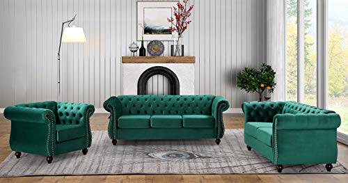 GDFStudio 82.6" Velvet Sofa Set, Modern Living Room Couch Set, Upholstered Sofa Loveseat Chair Set, Chesterfield with Button Tufted Back Rolled Arms Wood Tapered Feet for Apartment Living Room, Green - color: Green, size: 3+2+1 Seat