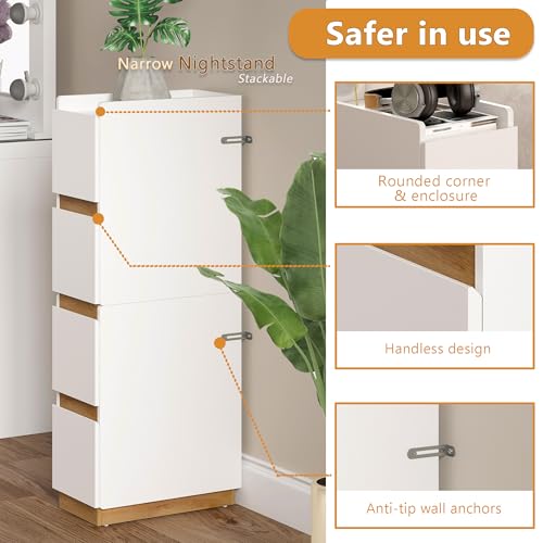 Narrow Night Stands, Modern Slim Nightstand Set of 2, Wooden Skinny Bedside Table 2 Drawers, Stackable Narrow Side Table with Drawers for Small Spaces, Bedroom, Living Room, White - color: White (2pcs)