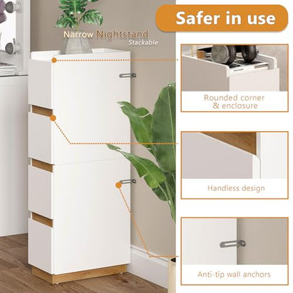 Narrow Night Stands, Modern Slim Nightstand Set of 2, Wooden Skinny Bedside Table 2 Drawers, Stackable Narrow Side Table with Drawers for Small Spaces, Bedroom, Living Room, White - color: White (2pcs)