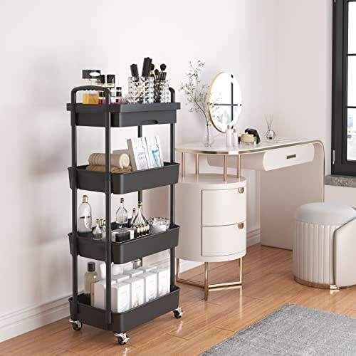 Calmootey 4-Tier Rolling Utility Cart with Drawer,Multifunctional Storage Organizer with Plastic Shelf & Metal Wheel,Storage Cart for Kitchen,Bathroom,Living Room,Office,Black | Space-Saving Organizer, Sturdy Plastic Shelves, Smooth-Rolling Metal Wheels,