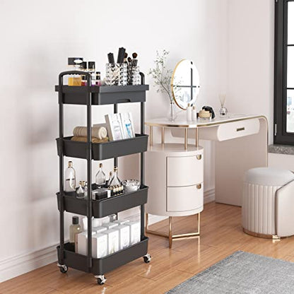 Calmootey 4-Tier Rolling Utility Cart with Drawer,Multifunctional Storage Organizer with Plastic Shelf & Metal Wheel,Storage Cart for Kitchen,Bathroom,Living Room,Office,Black | Space-Saving Organizer, Sturdy Plastic Shelves, Smooth-Rolling Metal Wheels,