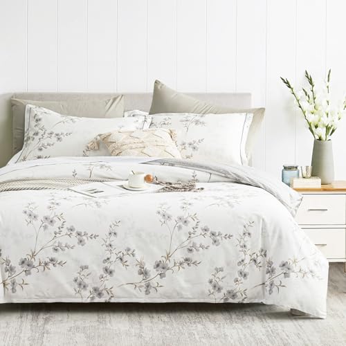 LEMIROE Vintage Botanical White Cotton Comforter Twin Size - Elegant Gray Flowers and Taupe Branches on White, Light Gray Striped Back, 2PC Lightweight Bedding Set with Soft Alternative Fill - color: Botanical & Striped - White & Gray, size: Twin/Twin XL(