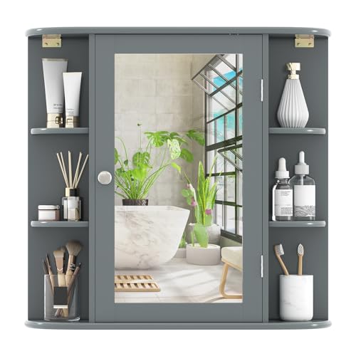 COSTWAY Medicine Cabinet with Mirror, Wall Mounted Bathroom Storage Cabinet | with Mirror Door and Adjustable Shelves, Space-Saving Storage Organizer for Living Room Kitchen Entryway (Gray) - color: Grey