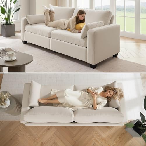 Modern Loveseat Sofa Chenille Fabric Couches (Beige) | Spring Cushions, Removable Cover, Solid Wood Frame, Wide Armrest, for Living Room, Small Space - color: Beige