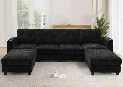 110" Convertible U-Shape Couch with 2 Flexible Ottomans, Black | Soft Sectional Sofa with Durable Cup Holders, Chenille 4 Seater Sofa with Well-Filled Backrest for Living Room, House - color: Black, size: 110" U-Shape