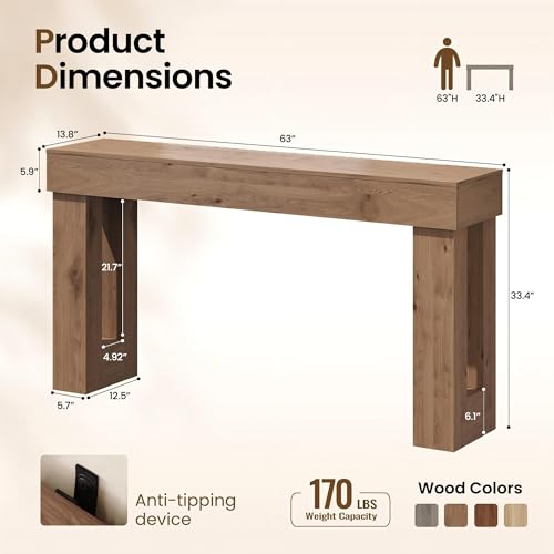 Apicizon 63" Long Console Table for Entryway with LED Light, Farmhouse Wooden Sofa Table Behind Couch, Narrow Entry Way Table for Living Room, Hallway, Entrance, Foyer, Brown - color: Light Brown