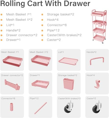 Sorgion 4 Tier Rolling Cart Organizer,Art Craft Diaper Bedside Snack Laundry Room Bathroom Organizer Narrow Thin Slim Rolling Trolley Utility Cart with Wheels for Kitchen,Office(Pink) - size: 4Tier-Pink